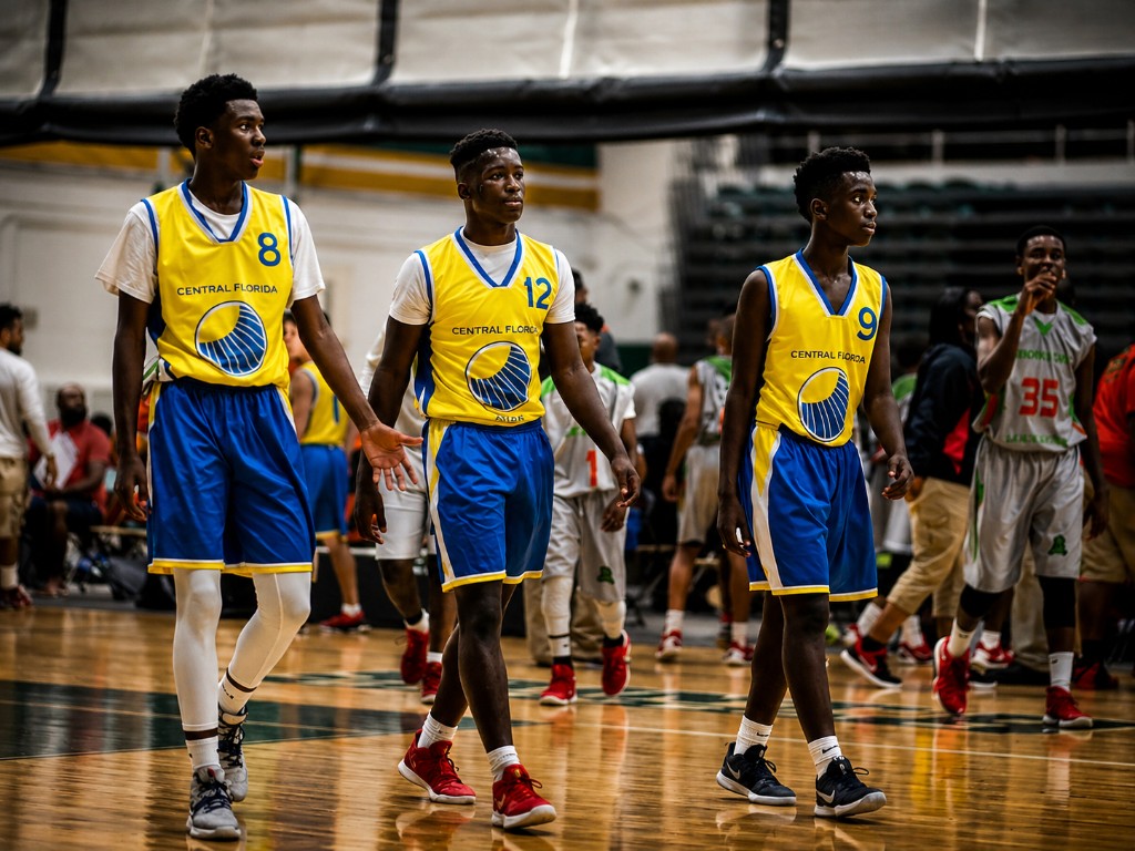 Three basketball athletes in matching team uniforms walking across the court at a Super6 Series LLC event