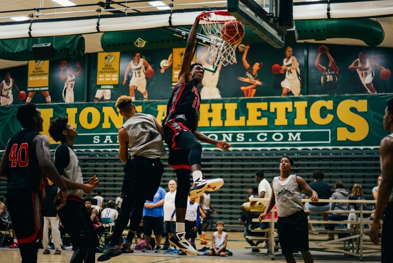 Player rising for a dunk above the rim