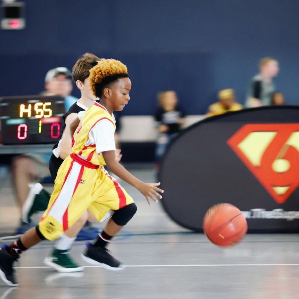 Youth player dribbling in front of a Super6 banner
