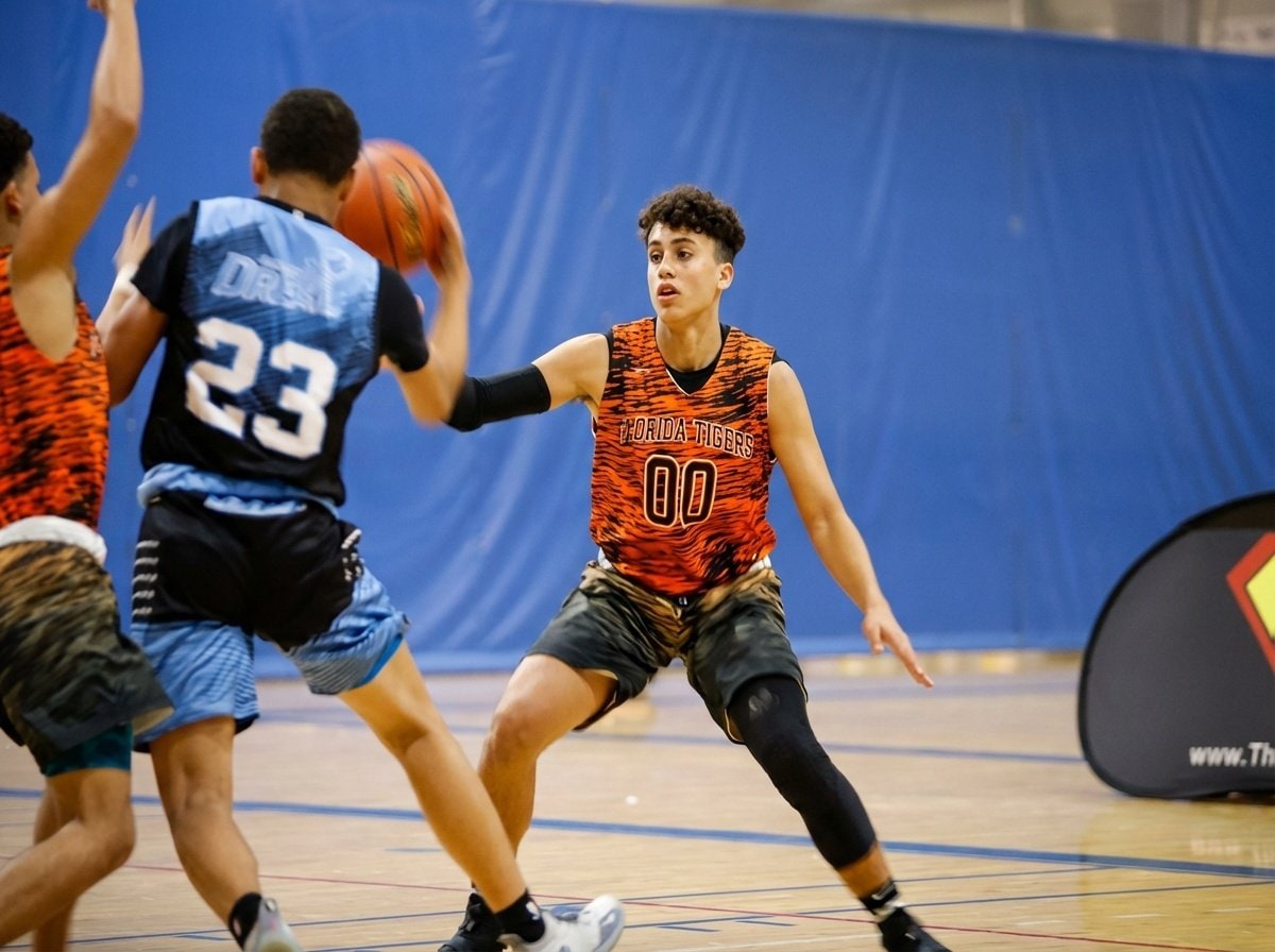 Charity Elite player squared up in a defensive stance
