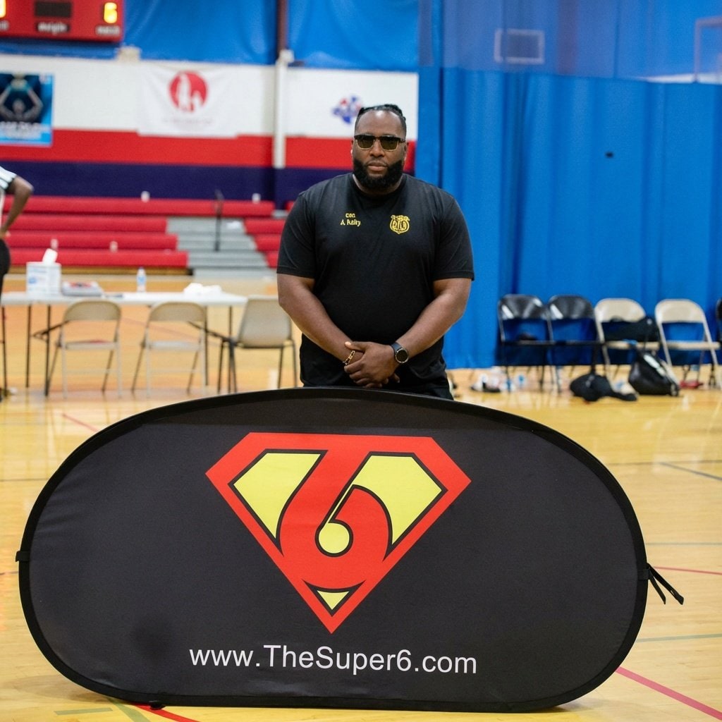 Solo coach posed in front of the Super6 brand banner