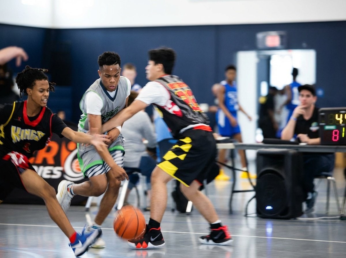 Kings player driving against defenders mid-game