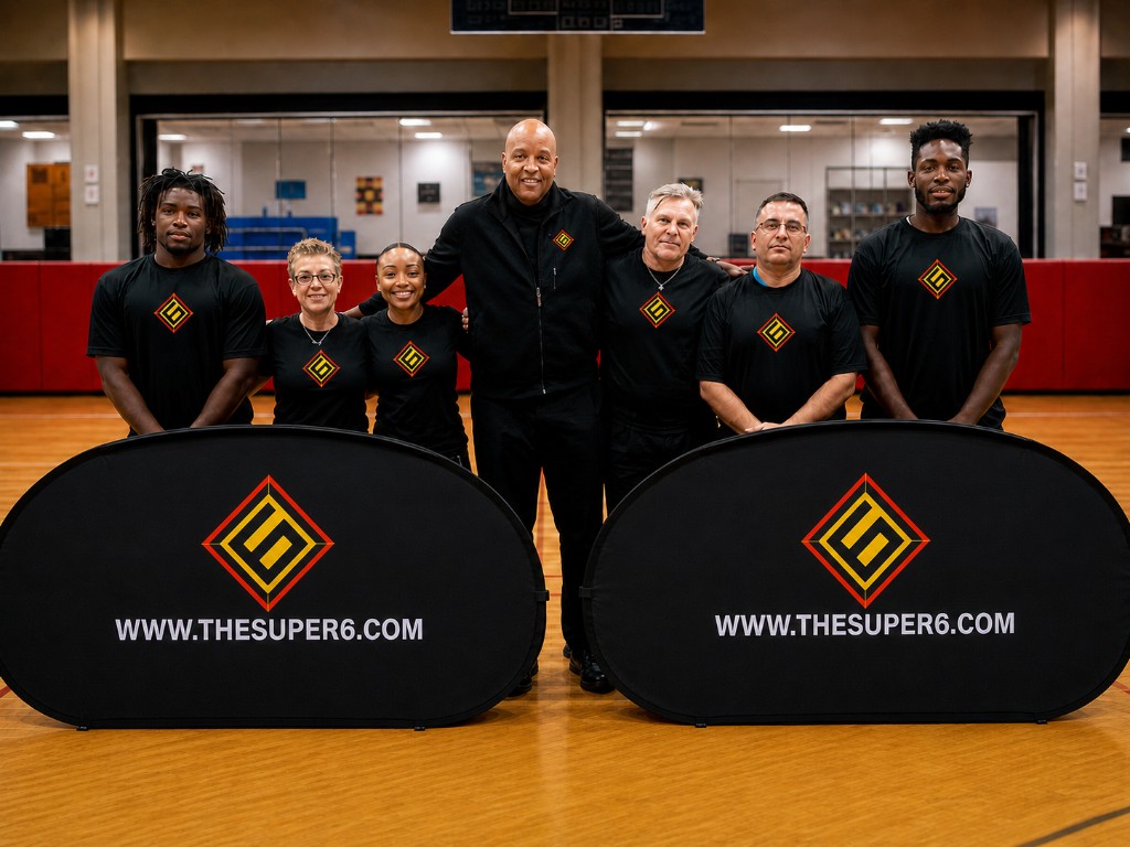 Super6 team on the basketball court with branded banners